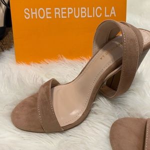 Tan suede high heel, with wrap ankle buckle